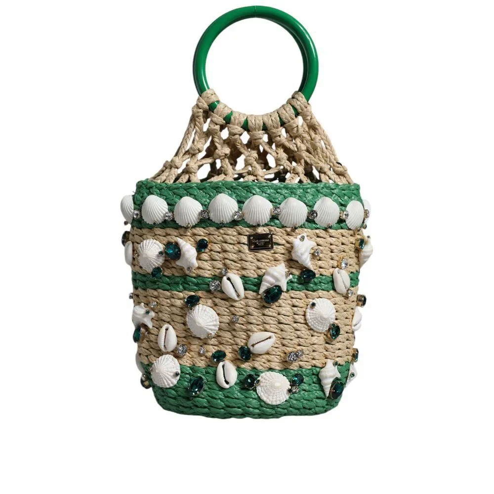 Dolce & Gabbana Beige Green Rafia Seashells Crystal Bucket Bag - Picture 4 of 8